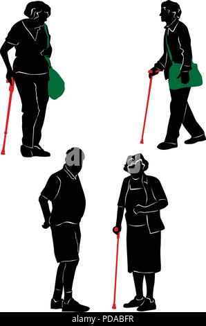 Silhouettes of the elderly to walk and rest. Stock Vector