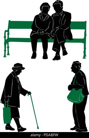 Silhouettes of the elderly to walk and rest. Stock Vector