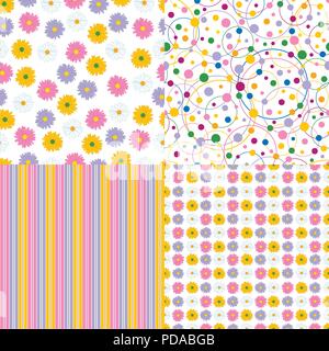 Set of four seamless pattern. Flower, lines, circles Stock Vector