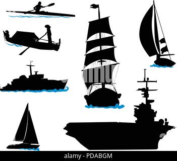 Silhouettes of offshore ships - yacht, fishing boat, the warship. Stock Vector