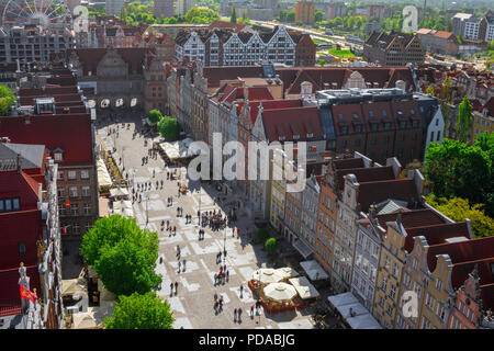 Gdansk city center, aerial view of Dlugi Targ - the main thoroughfare in  Gdansk Old Town - looking towards the Green Gate portal, Pomerania, Poland. Stock Photo