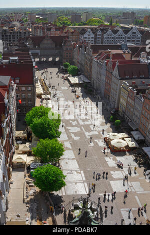 Gdansk city center, aerial view of Dlugi Targ - the main thoroughfare in  Gdansk Old Town - looking towards the Green Gate portal, Pomerania, Poland Stock Photo