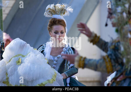 Saint Petersburg,Russia - August 4,2018: VIII International festival of street theatres 'Elagin Park'. Woman in a Baroque costume with a plume on her  Stock Photo