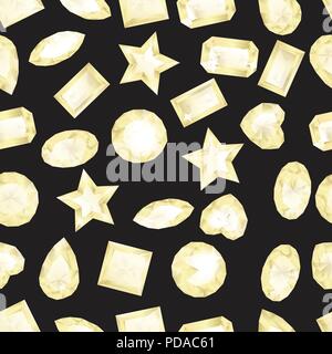 Seamless pattern with white colorful gem stones on black background. Jewels pattern. Stock Vector
