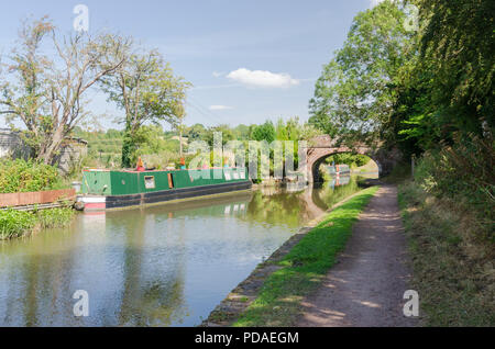 Narrowboat moored on the Worcester and Birmingham Canal at Tardebigge in Worcester.The 30 lock flight is the longest in the UK. Stock Photo