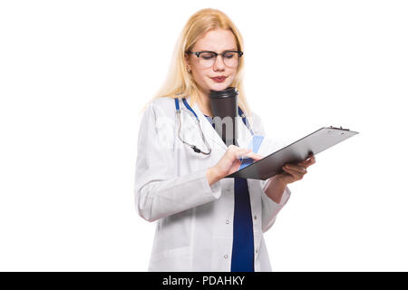 Woman doctor with stethoscope and clipboard Stock Photo