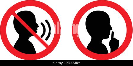 Keep quiet / silent please sign. Crossed person talking / Shhh icon in circle. Stock Vector