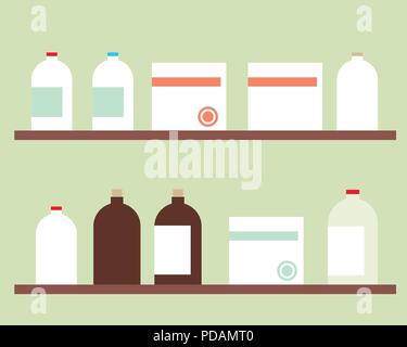 Simple flat design shelf for medicine with bottles and boxes with label, isolated on green wall - vector Stock Vector