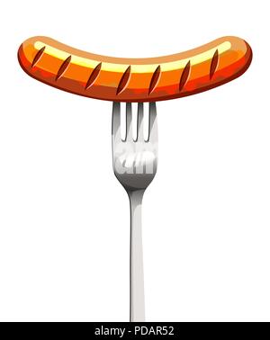 vector grilled sausage on a fork isolated on a white background. Stock Vector