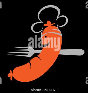 sausage in the cap of the cook and with a fork cafe minimalist logo Stock Vector