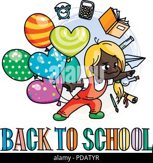 Welcome back to school. Cute school kid ready to education. Design element for print, t-shirt, poster, card, banner. Vector illustration Stock Vector