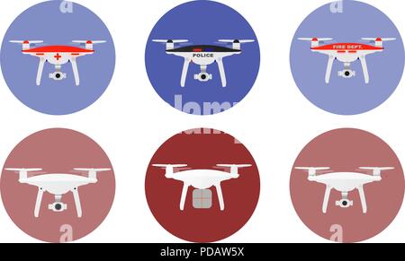 Drones icons with unmanned aircrafts of different purpose police, medic, fire, delivery etc. vector illustration. Stock Vector