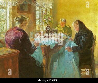 Anna Ancher (Danish painter, 1859-1935) Sewing a Dress for a Costume Party 1920. Stock Photo