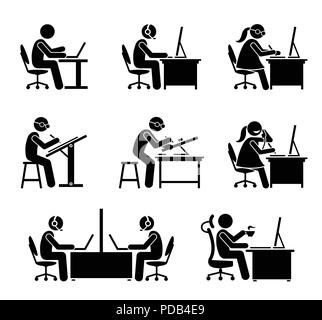 Employee working with computer and laptop at office. Stock Vector
