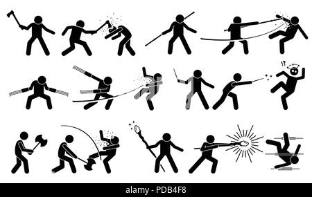 Man using medieval war weapons to attack and fight. Stock Vector