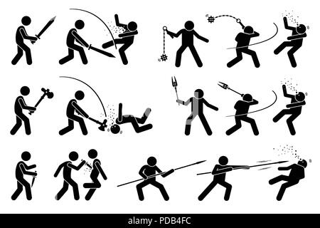 Man using medieval war weapons to attack. Stock Vector