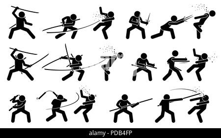 Man attacking opponent with traditional Japanese melee fighting weapons. Stock Vector