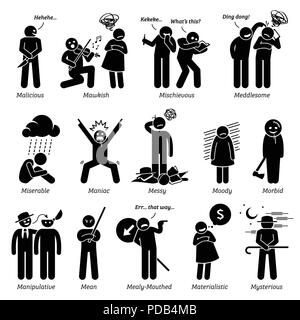 Negative Personalities Character Traits. Stick Figures Man Icons. Starting with the Alphabet M. Stock Vector