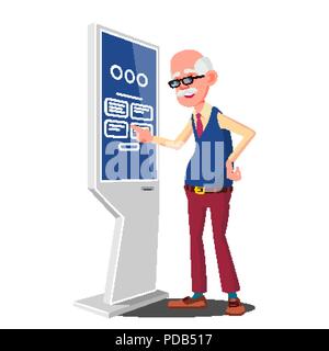Old Man Using ATM Machine, Digital Terminal Vector. Digital Kiosk LED Display. Self Service Information System. Isolated Flat Cartoon Illusration Stock Vector