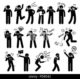 People Expressions Feelings Emotions While Talking on a Cellphone Stick Figure Pictogram Icons Stock Vector