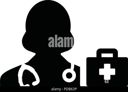 Nurse icon vector female person profile avatar with Stethoscope and first aid kit bag for medical Consultation in Glyph Pictogram illustration Stock Vector