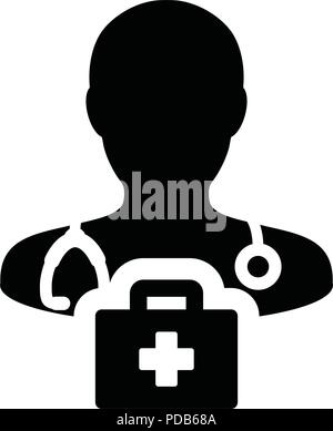 First aid icon vector male doctor person profile avatar with Stethoscope and first aid kit bag for Medical Consultation in Glyph Pictogram illustratio Stock Vector