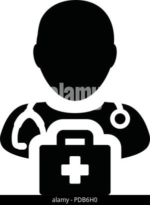 First aid icon vector male doctor person profile avatar with Stethoscope and first aid kit bag for Medical Consultation in Glyph Pictogram illustratio Stock Vector