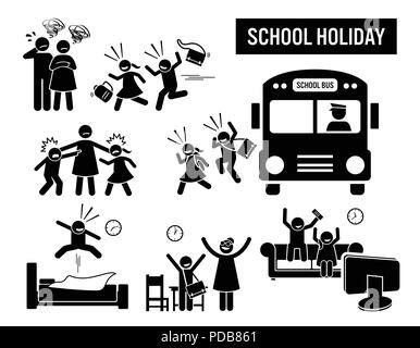 Children school holiday. Stick figure pictogram depicts school children coming back from school holiday. The parent are sad, but the kids are happy. Stock Vector