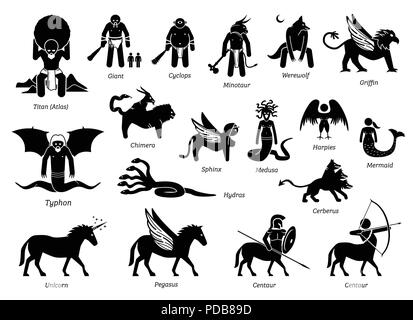 Ancient Greek Mythology Monsters and Creatures Characters Icon Set Stock Vector