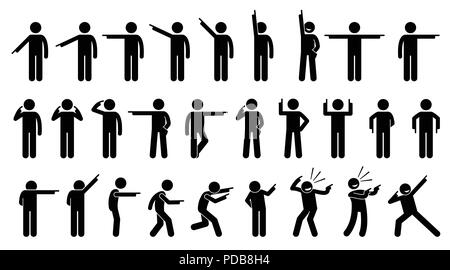 Stick Figures of a Person Pointing Finger. A set of stick figures showing a man pointing in different directions on different poses and positions. Stock Vector