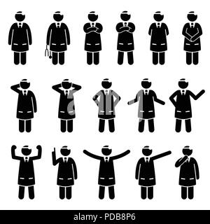 Basic Doctor Poses and Postures. Stick figure pictogram depicts various doctor expression, movements, body gestures, and feelings. Stock Vector