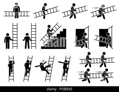 Man with a ladder. Pictogram showing a man holding and carrying a ladder while walking and running. Stock Vector