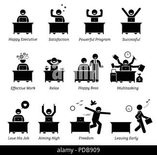 Executive working in an efficient office workplace. The worker is happy, satisfied, successful, and enjoying the works. Stock Vector