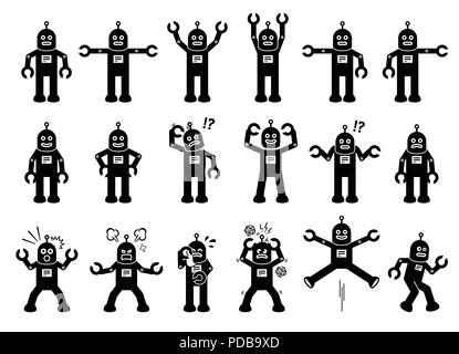 Robot Cartoon Characters in Various Poses, Actions, and Emotions. Stock Vector