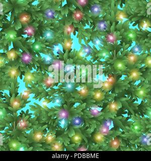 Christmas Seamless Background, Green Fir Trees, Blue Sky and Colorful Stars, Tile Holiday Pattern. Vector Stock Vector