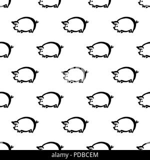 Seamless pattern with pigs, symbol of Chinese new year of the pig. Ink wash silhouettes texture, vector handmade primitive print on white background. Stock Vector