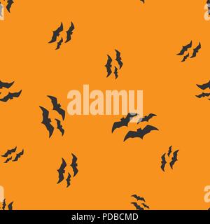 Three bat Halloween pattern seamless. Vector illustration. Orange background. All Saints Eve. Stock Vector