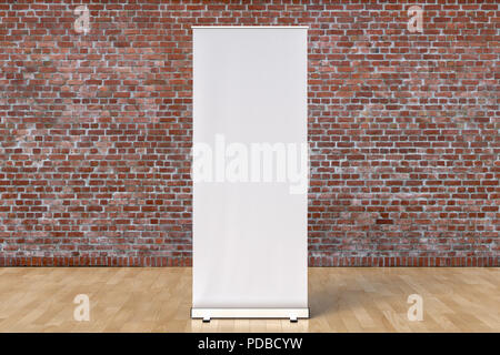 Blank roll up banner display stands loft interior, include clipping path around banner poster. 3d render Stock Photo