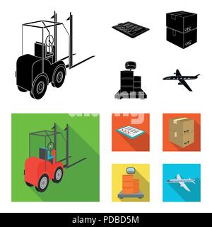 Forklift, delivery slips, packaged goods, cargo on weighing scales. Logistics and delivery set collection icons in black, flat style isometric vector  Stock Vector
