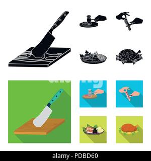 Cutlass on a cutting board, hammer for chops, cooking bacon, eating fish and vegetables. Eating and cooking set collection icons in black, flat style  Stock Vector
