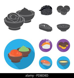Wasabi sauce and ginger, salmon steak, octopus. Sushi set collection icons in black, flat style vector symbol stock illustration . Stock Vector