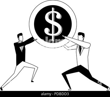 Businessmens pushing and holding a coin in black and white Stock Vector ...