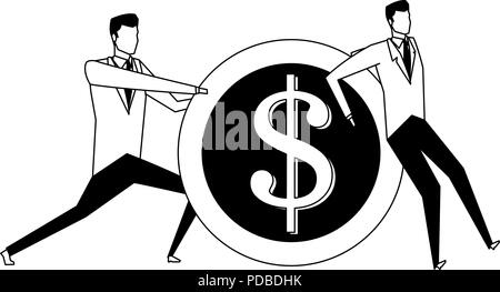 Businessmens pushing and holding a coin in black and white Stock Vector ...