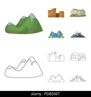 Green mountains with snow tops, a canyon, rocks with forests, a lagoon and rocks. Different mountains set collection icons in cartoon,outline style ve Stock Vector