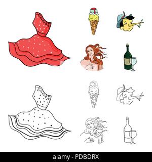 Italian dress, gelato, pinocchio, goddess of love. Italy set collection icons in cartoon,outline style vector symbol stock illustration . Stock Vector