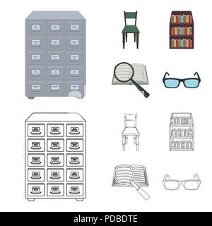 Cabinet with filing cabinet, chair, shelves, information search. Library and bookstore set collection icons in cartoon,outline style vector symbol sto Stock Vector