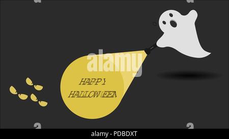 Cute ghost character just found the Happy Halloween message with his flashlight. Vector illustration. Stock Vector