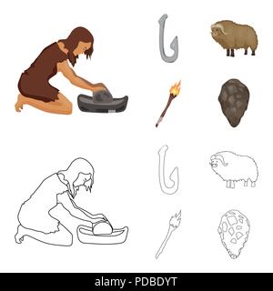 Cattle, catch, hook, fishing .Stone age set collection icons in cartoon,outline style vector symbol stock illustration . Stock Vector
