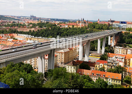 ***FILE PHOTO*** The Nusle Bridge (Nuselsky most), by Czech architect Stanislav Hubicka, over the Nusle Valley in Prague, Czech Republic, on June 18,  Stock Photo