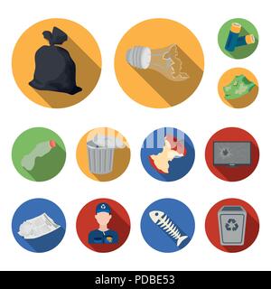 Garbage and waste flat icons in set collection for design. Cleaning garbage vector symbol stock  illustration. Stock Vector